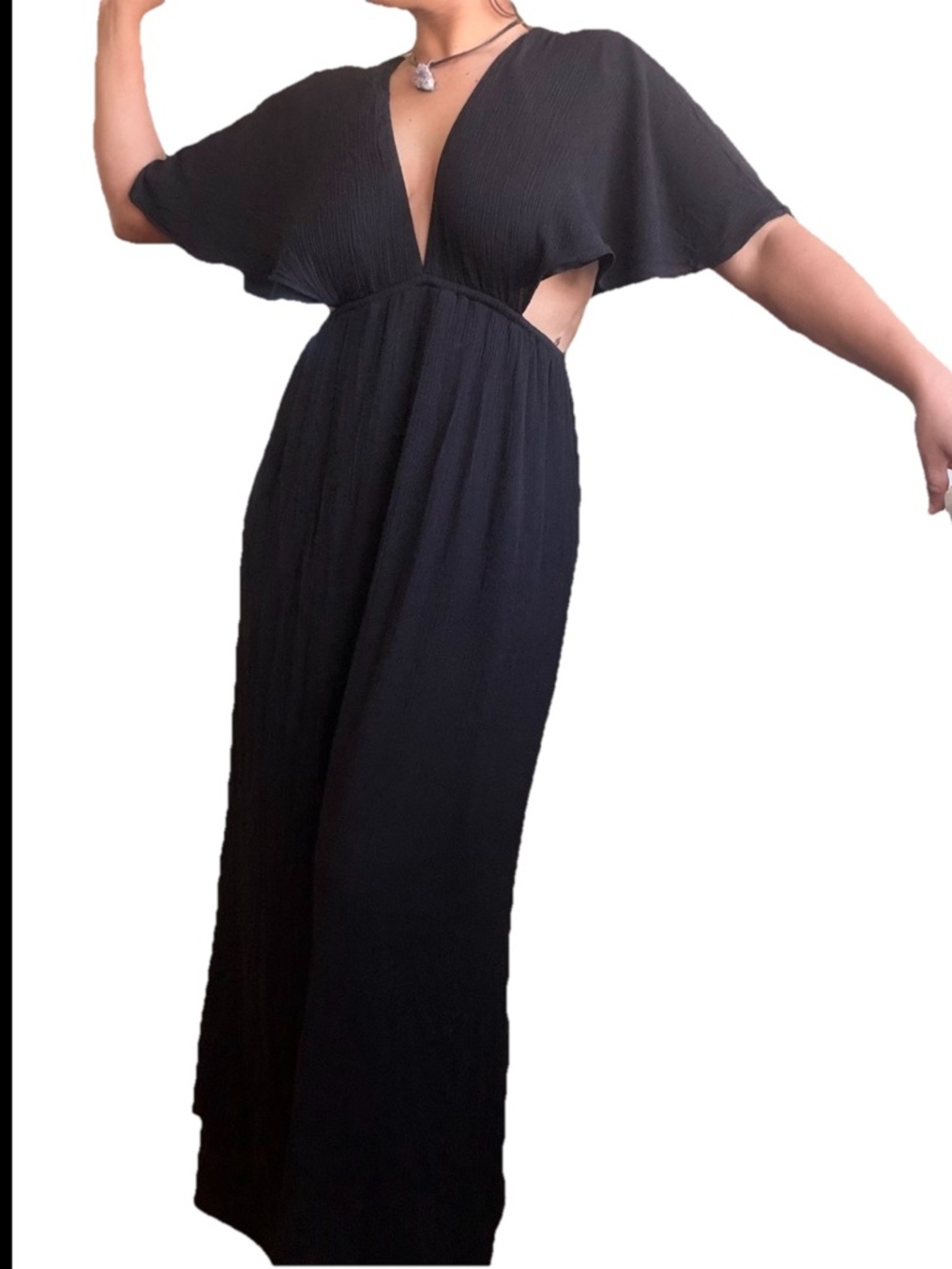 Fashion Nova Black Plunge V-Neck Maxi Dress size S large = M